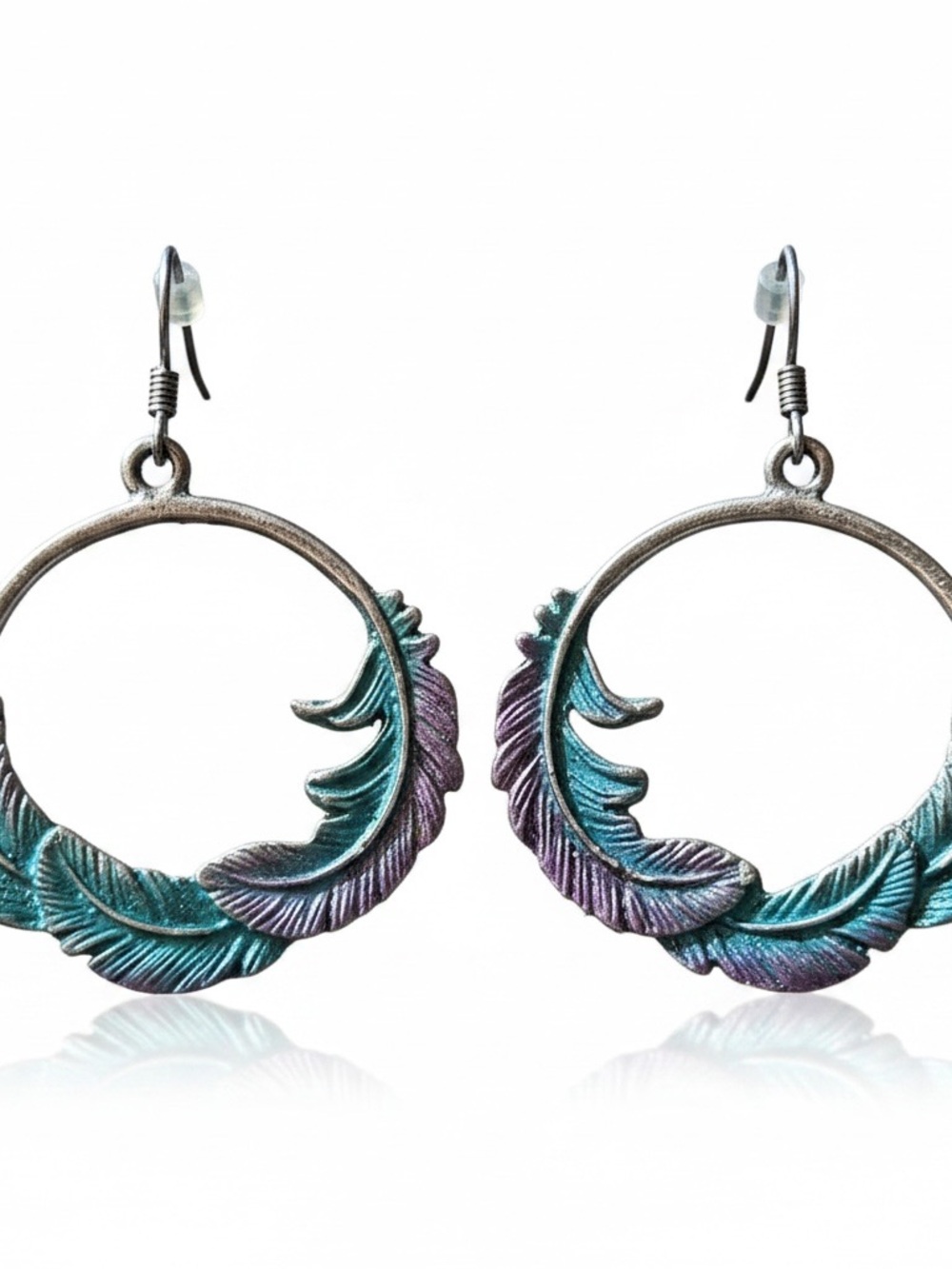 Bohemian Silver Metal Feather Hoop Earrings in Teal & Purple